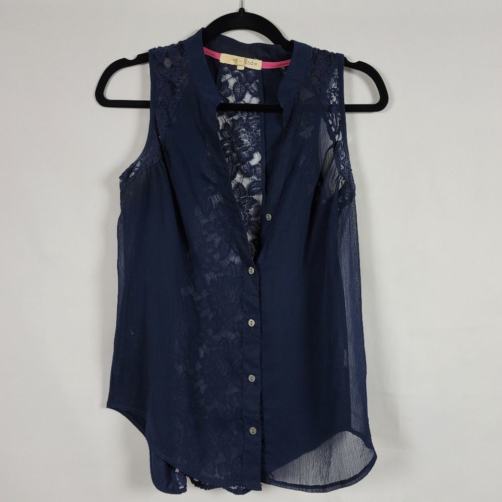 Rewind sheer and lace button up button down mixed media tank top size M